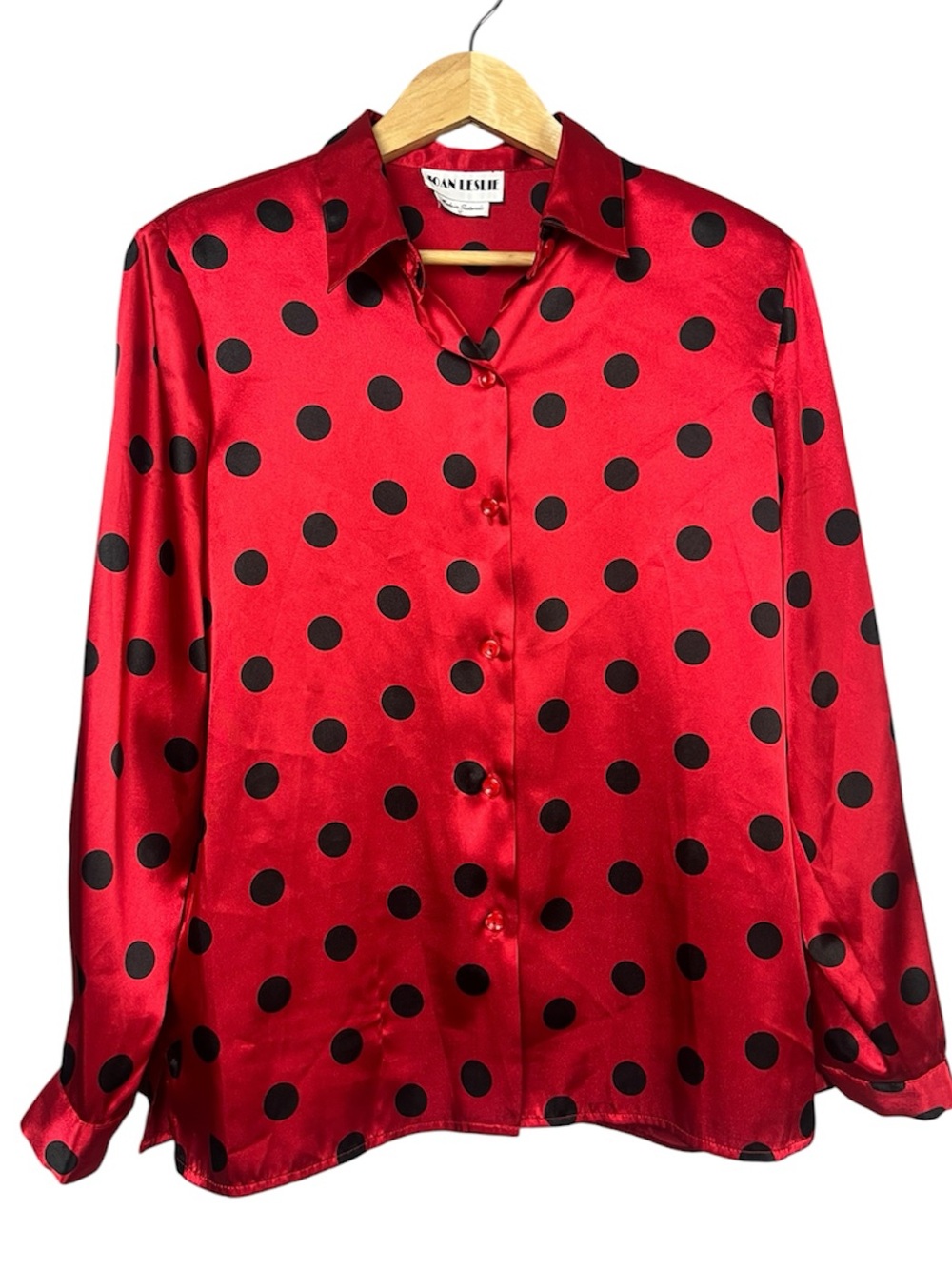 Vintage Joan Leslie Red Polka Dot Silk-Look Button Down Blouse Size L
